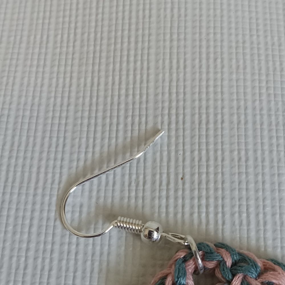 Handmade Crochet Blue and Pink Triangle Shaped Lightweight Dangle Style Earrings - Picture 9 of 11